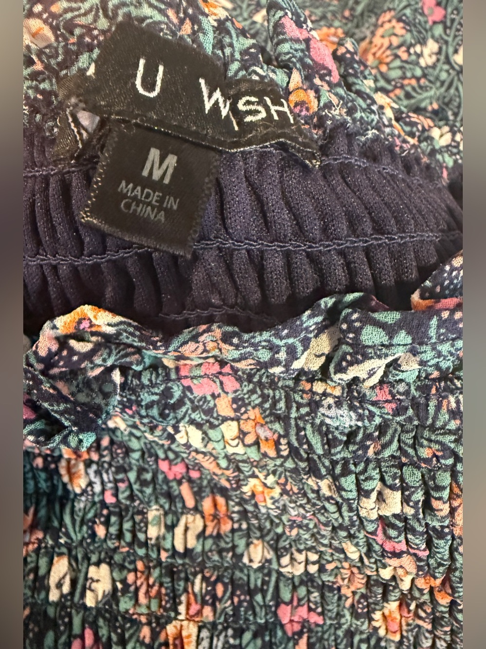 As U Wish Floral Smocked Mini Dress Size M | Blue Teal Floral Long Sleeve Lined - Picture 11 of 11